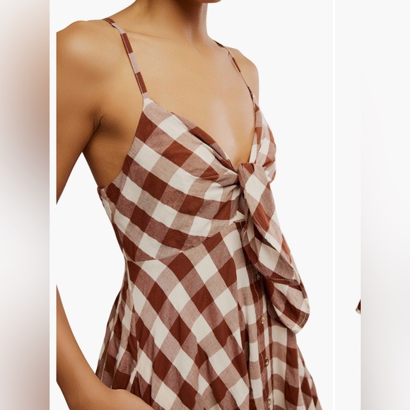 Free people via gingham plaid dress nwt large brown cotton boho festival - Picture 2 of 9